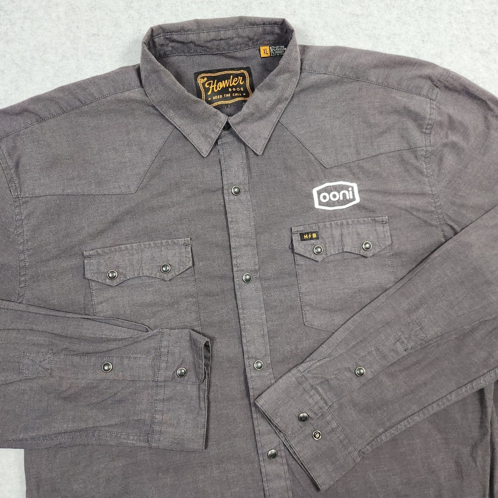 Howler Brothers Shirt Mens XL Gray Pearl Snap Cowboy Western Sawtooth Embroidery